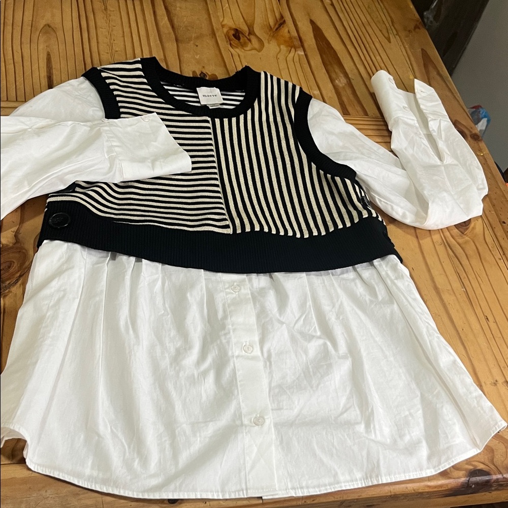Anthropologie Maeve Long-Sleeve Linen Twofer Sweater Vest Top - Picture 2 of 9